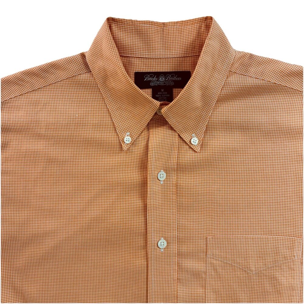 Brooks Brothers Country Club Men's M Non Iron Shirt Orange Check Herringbone